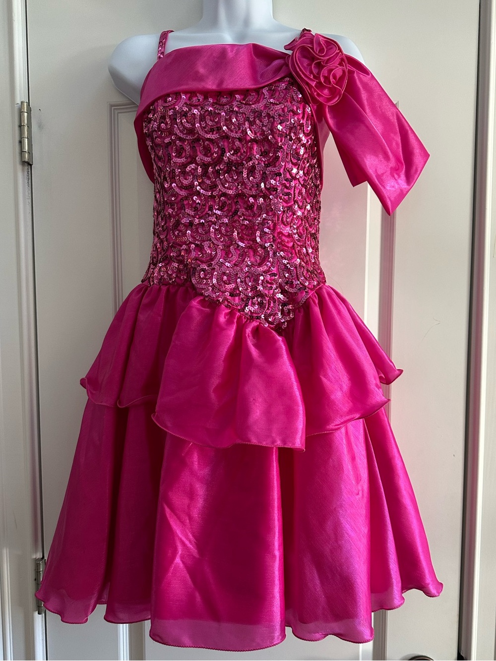 Mike Benet Hot Pink Sequin Party Dress with Floral Bow